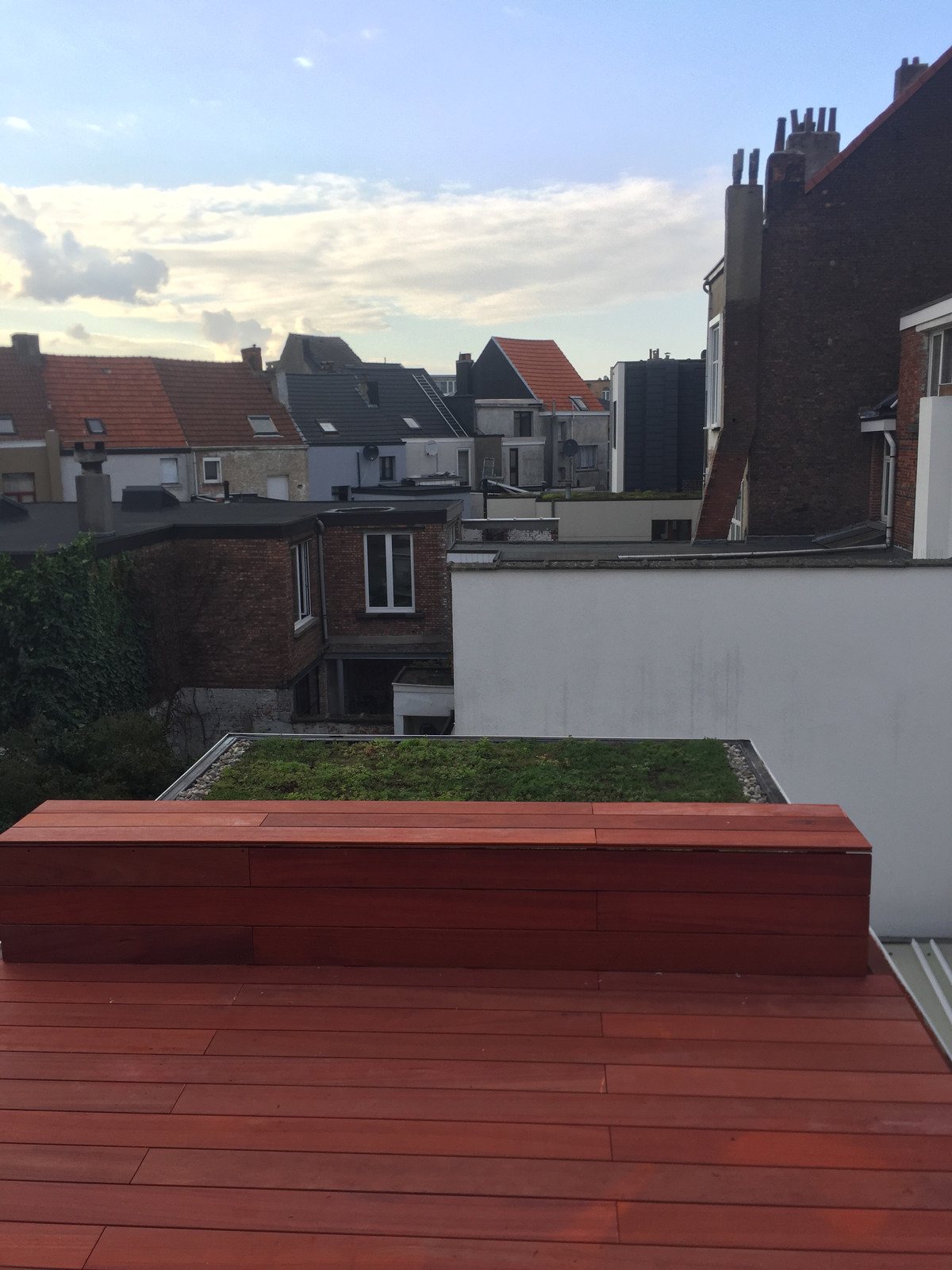 Groen dak met een houten terrasrand